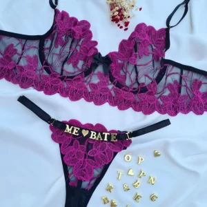 Conjunto Personalizável Lulu Pétala Preto Bordado Roxo