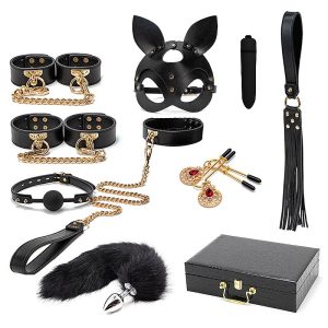 kit Maleta Sado de Luxo - Algema, Tornozeleira com Corrente,Venda e Chicote / Rabo de raposa