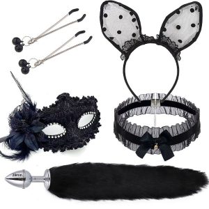 Kit - Rabo de Raposa com Tiara de Orelhas - Grampos para os seios em Metal e Gargantilha com Mascara - Preto